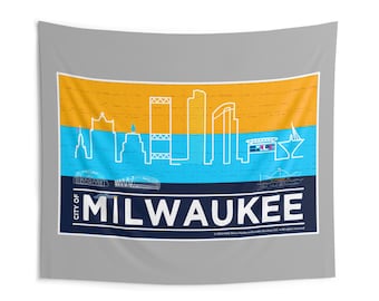 MKE Flag Downtown City Skyline, Milwaukee WI Indoor Wall Tapestries