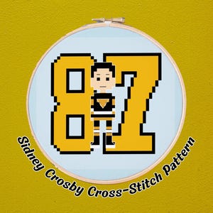 May include: A cross-stitch pattern in a wooden hoop featuring the number 87 in gold and black, with a pixelated hockey player. The text "Sidney Crosby Cross-Stitch Pattern" is curved around the hoop on a yellow background.