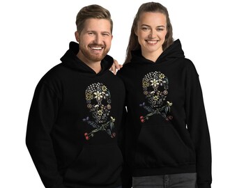 Peut inclure: Deux sweats à capuche noirs avec un motif de crâne floral et d'os croisés. Le crâne est composé de fleurs, de feuilles et d'autres éléments botaniques.