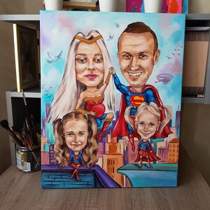 Pintura acrílica de caricatura personalizada, arte original, desenho de casal personalizado, imagem de desenho animado personalizada