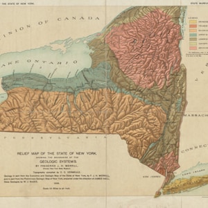 May include: A relief map of the state of New York showing the boundaries of the geologic systems. The map is colored in shades of green, brown, orange, red, and pink. The map includes the text "Relief Map of the State of New York, Showing the Boundaries of the Geologic Systems, By Frederick J. H. Merrill, Topography compiled by C. C. Vermeule."