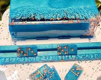 Turquoise & Rose Gold Domino Box Set / Double 6, 9 or 12 Sets Available