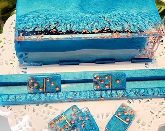 Turquoise & Rose Gold Domino Box Set / Double 6, 9 or 12 Sets Available