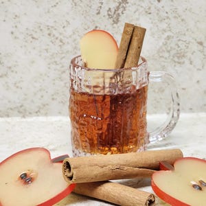 May include: A clear glass mug filled with a warm, amber-colored beverage, garnished with a slice of apple and two cinnamon sticks. Two apple halves and three cinnamon sticks are arranged in front of the mug, creating a cozy, autumnal scene.