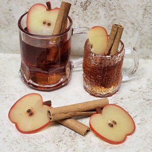 May include: Two clear glass mugs filled with a reddish-brown liquid, each containing an apple slice and a cinnamon stick. Two additional apple slices and a cinnamon stick are on the surface. The mugs have handles and are on a light-colored surface.