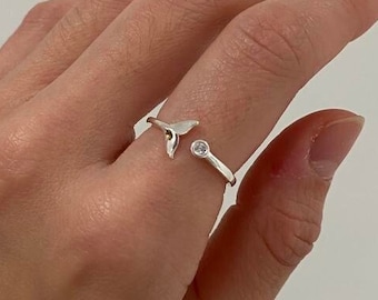 Whale Tail Open Ring in Silver with Moonstone, Silver Fish Tail Adjustable Ring, Whale Ring, Dolphin Tail Ring, Open Band Silver Ring