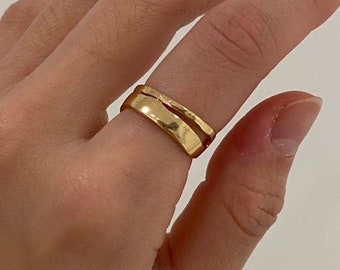 Chunky Gold Ring, Vintage Gold Ring, Thick Gold Ring, Gold Asymmetric Ring, Double Layer Band Thumb Ring, Stackable Ring, Adjustable Ring