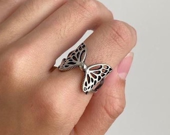 Silber Schmetterling Ring, Groß Vintage Schmetterling Ring, Verstellbare Antike Statement Ring, Einzigartige Silber Schmetterling Schmuck, Schmetterling Ring