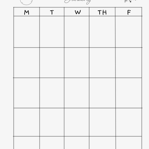 K&ouml;nnte beinhalten: Ein schwarz-wei&szlig;er druckbarer Kalender f&uuml;r Januar mit einer Illustration von einem Schneemann und einem Schneeflocke. Der Kalender hat die Wochentage mit M, T, W, TH und F beschriftet.