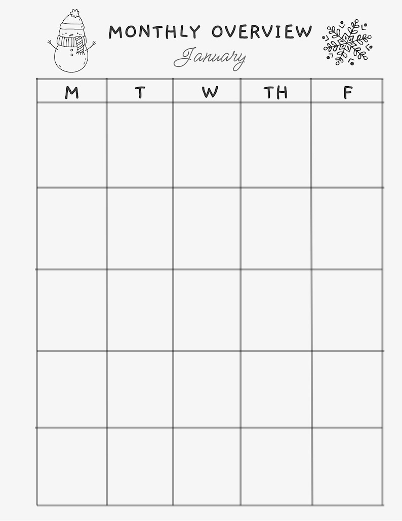 K&ouml;nnte beinhalten: Ein schwarz-wei&szlig;er druckbarer Kalender f&uuml;r Januar mit einer Illustration von einem Schneemann und einem Schneeflocke. Der Kalender hat die Wochentage mit M, T, W, TH und F beschriftet.