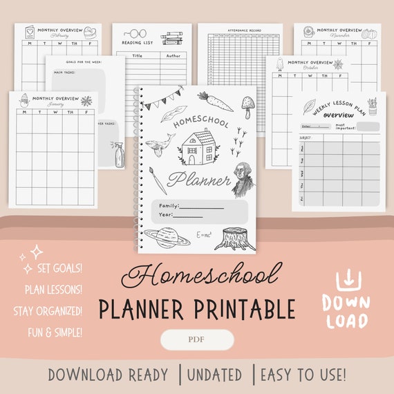 Printable Homeschool Planner Printable | PDF | Homeschool Binder | Weekly and Monthly Homeschool Tracker | Black and White