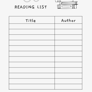K&ouml;nnte beinhalten: Eine schwarz-wei&szlig;e Leseliste-Vorlage mit den Worten "READING LIST" oben. Die Vorlage hat zwei Spalten mit den Bezeichnungen "Title" und "Author".