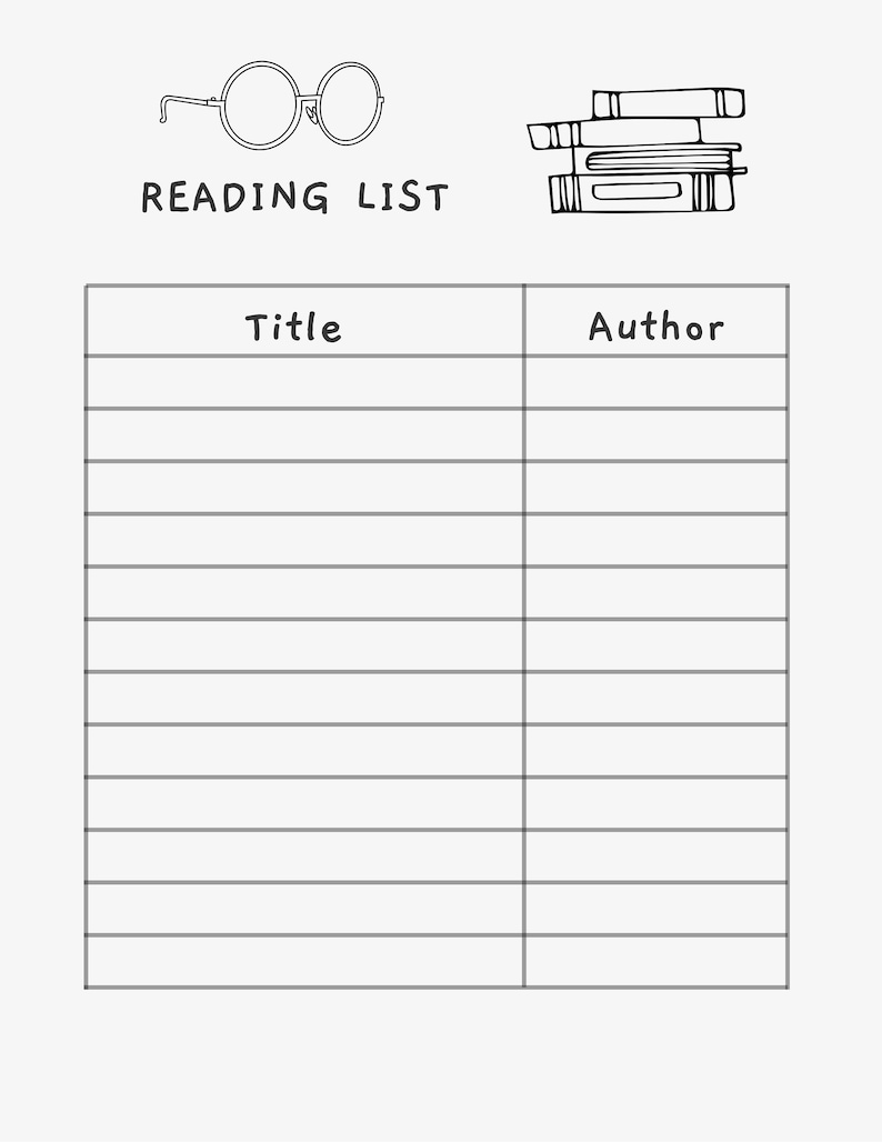 K&ouml;nnte beinhalten: Eine schwarz-wei&szlig;e Leseliste-Vorlage mit den Worten "READING LIST" oben. Die Vorlage hat zwei Spalten mit den Bezeichnungen "Title" und "Author".
