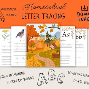 May include: Homeschool letter tracing worksheets with an autumn theme. The worksheets feature tracing lines for letters A, B, Y, and Q. The worksheets are decorated with fall leaves, a bird, a flower, and a house. The text "Pre-Kindergarten, Autumn Themed Letter Tracing" is on the cover.
