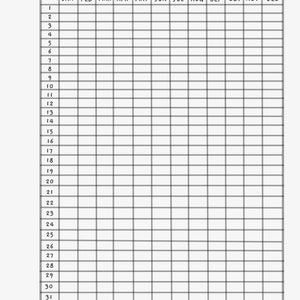 K&ouml;nnte beinhalten: Eine leere Anwesenheitsliste mit einem Raster aus 31 Zeilen und 12 Spalten. Die Monate des Jahres sind in der oberen Zeile aufgelistet: Januar, Februar, M&auml;rz, April, Mai, Juni, Juli, August, September, Oktober, November und Dezember. Die Zahlen von 1 bis 31 sind in der linken Spalte aufgelistet. Die letzte Zeile ist mit "TOTAL" beschriftet.