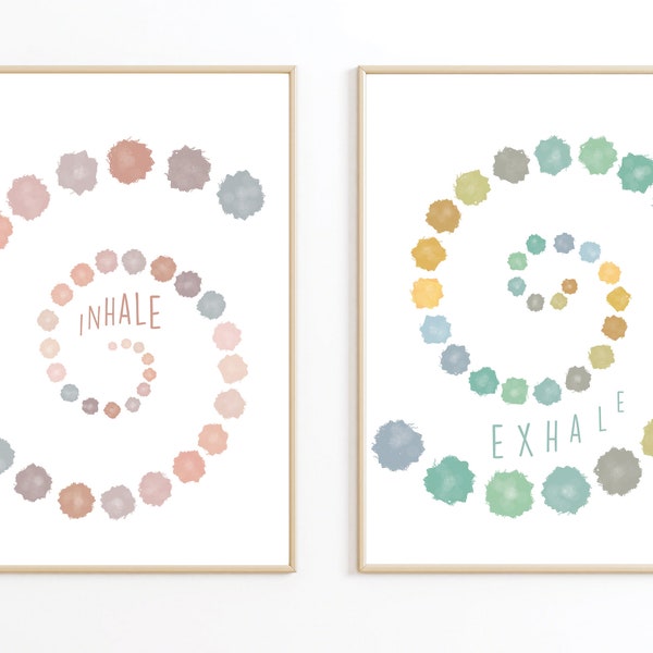 Inhale Exhale Double Spiral Print, Inhale Exhale Wall Art, Therapy Room Decor, Set of 2 Prints, School Counselor