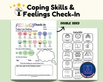 Coping Skills and Feelings Check-In, Therapy Worksheets for School Counselor, School Well-being