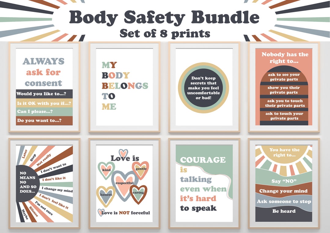Body Safety Rules Poster Set, Teach Kids Consent Posters, Boho Therapy