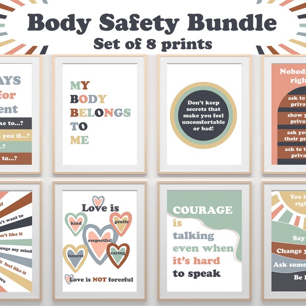 Body Safety Rules Poster Set, Teach Kids Consent Posters, Boho Therapy Office Decor, School Psychologist