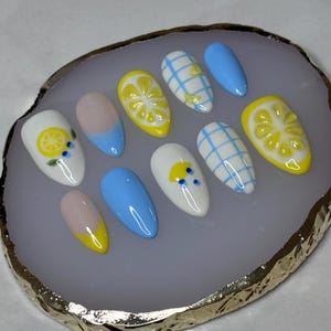Spring Lemon Press On Nails | Blue and Yellow Nail Set | Custom Reusable Nails | Trendy Press On Nails