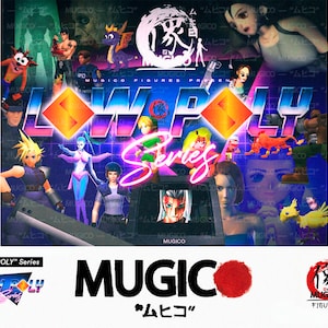 May include: A colourful poster showcasing video game characters, with the text "LOW POLY Series" and "MUGICO". The design features various characters in a retro style, with Japanese text and a red circle.