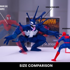 May include: Size comparison of three action figures: a large red and blue Spiderman, a mid-sized blue Venom, and a smaller red and blue Spiderman. The figures are posed in a fighting stance. The text "SPIDERMAN (A) (BIG SIZE)" is above the large Spiderman, "VENOM (MID SIZE)" is above Venom, and "SPIDERMAN (A) (MID SIZE)" is above the smaller Spiderman. The text "SIZE COMPARISON" is at the bottom of the image.