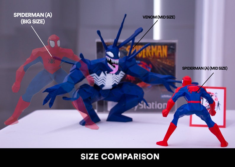 May include: Size comparison of three action figures: a large red and blue Spiderman, a mid-sized blue Venom, and a smaller red and blue Spiderman. The figures are posed in a fighting stance. The text "SPIDERMAN (A) (BIG SIZE)" is above the large Spiderman, "VENOM (MID SIZE)" is above Venom, and "SPIDERMAN (A) (MID SIZE)" is above the smaller Spiderman. The text "SIZE COMPARISON" is at the bottom of the image.