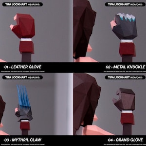 May include: Four different weapon props for a Tifa Lockhart action figure. The weapons are a red leather glove, a silver metal knuckle, a blue and silver claw, and a brown leather glove.