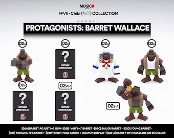 May include: A set of 8 collectible figurines of the character Barret Wallace from Final Fantasy VII. The figurines are in various poses, including holding a gun, wearing a sailor outfit, and holding a child. The figurines are made of plastic and are painted in a variety of colors. The text "FFVII-Chibi (ちび) COLLECTION" and "PROTAGONISTS: BARRET WALLACE" is visible at the top of the image.
