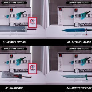 Puede incluir: Cuatro espadas diferentes del videojuego Final Fantasy VII. Las espadas se muestran en una superficie blanca con una caja del juego Final Fantasy VII detrás de cada espada. Las espadas están etiquetadas con sus nombres: Buster Sword, Mythril Saber, Hardedge y Butterfly Edge.