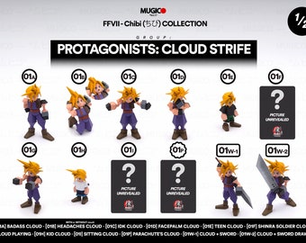 May include: A collection of 12 different Cloud Strife figurines from the Final Fantasy VII video game. The figurines are in various poses, including standing, sitting, and holding a sword. The text "FFVII-Chibi (ちび) COLLECTION" and "PROTAGONISTS: CLOUD STRIFE" is displayed at the top of the image.