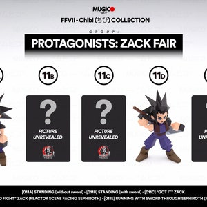 May include: A set of five collectible figurines of Zack Fair from Final Fantasy VII. The figurines are in different poses, including standing with and without a sword, and running with a sword. The figurines are part of the FFVII-Chibi Collection, Group: Protagonists: Zack Fair.