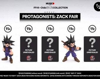 May include: A set of five collectible figurines of Zack Fair from Final Fantasy VII. The figurines are in different poses, including standing with and without a sword, and running with a sword. The figurines are part of the FFVII-Chibi Collection, Group: Protagonists: Zack Fair.