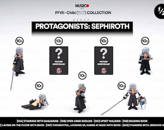 May include: A set of 10 collectible figurines of Sephiroth from Final Fantasy VII. The figurines are in a chibi style and depict Sephiroth in various poses, including standing with his sword, reading a book, and looking thoughtful. The figurines are numbered 10A through 10G.