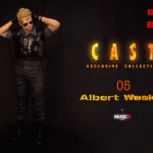 May include: A figure of Albert Wesker from the Resident Evil series. The figure is wearing a black vest, dark pants, and sunglasses. The image includes the text "CAST EXCLUSIVE COLLECTION" and "05 Albert Wesker".