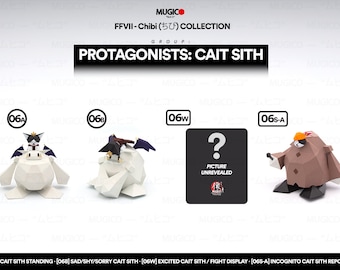 May include: A set of six collectible figurines of the character Cait Sith from Final Fantasy VII. The figurines are in different poses, including standing, sitting, and lying down. The figurines are made of a white, gray, and brown material. The figurines are part of a collection called "FFVII-Chibi (ちび) COLLECTION".