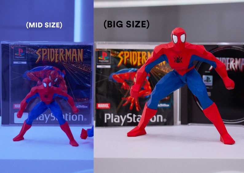 May include: Two different sized red and blue Spider-Man figurines standing in front of PlayStation game cases. The game cases have the text "Spider-Man" on them.