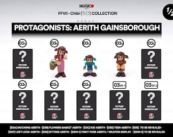 May include: A collection of 10 different figurines of Aerith Gainsborough from Final Fantasy VII. The figurines are in various poses, including sitting, standing, and holding a basket of flowers. The figurines are all made of plastic and are painted in a variety of colors. The text "FFVII-Chibi (ちひび) COLLECTION" is at the top of the image. The text "PROTAGONISTS: AERITH GAINSBOROUGH" is in the middle of the image. The text "1/2" is in the top right corner of the image.