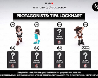 May include: A collection of eight Tifa Lockhart figurines from the Final Fantasy VII video game. The figurines are in various poses, including a shy pose, a teen pose, a victory pose, and a parachute pose. The figurines are all made of plastic and are painted in a variety of colors.