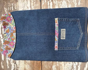 Upcycled Denim Dog Jacket//Floral Collar//Adjustable Straps//Medium