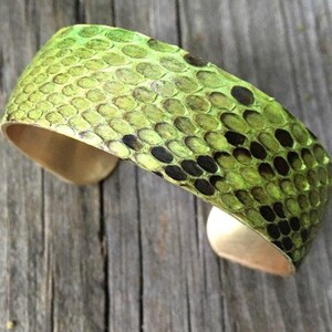 Pu&ograve; includere: Un braccialetto in pelle di serpente verde e nero con base in ottone.