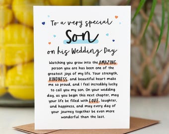 To My Son on his Wedding Day, Card to Son on His Wedding, Groom, Special Son, From Mom, Dad, Heartfelt Card, Sentimental, Keepsake