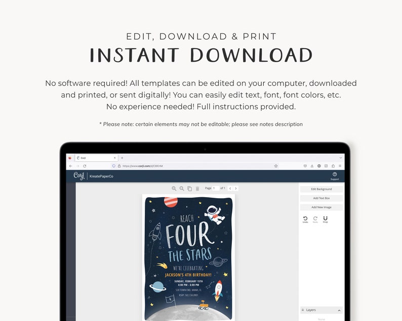 May include: A digital template for a birthday invitation with a space theme. The invitation features a cartoon astronaut, planets, and stars. The text on the invitation reads "Reach Four The Stars" and "Jackson's 4th Birthday!"