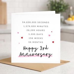 May include: A white greeting card with the text "Happy 3rd Anniversary" in black script and a pink banner. The card also lists the time passed in seconds, minutes, hours, days, weeks, and months. Small pink hearts are scattered around the text.
