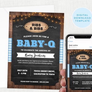 Baby-Q Invite Boy, Baby Shower Blue BBQ Invitation, Barbeque, BBQ Party, Bavaglini e costolette, Baby Q, Cospargere, Download istantaneo, Modificabile #KP098