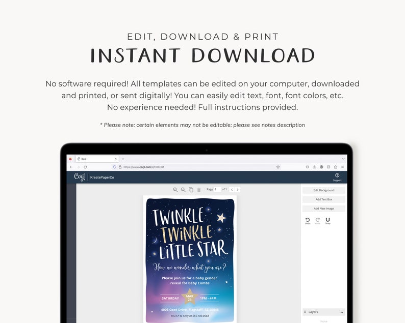 Zaproszenie na ujawnienie płci dziecka Twinkle Twinkle Little Star Party Invite Template, On lub Ona, Chłopiec lub Dziewczynka, Natychmiastowe pobranie pliku cyfrowego, #KP034 zdjęcie 2