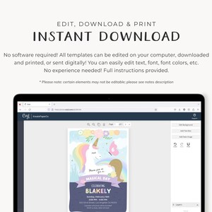 May include: A digital template for a unicorn-themed birthday party invitation. The invitation features a pink and purple unicorn with a rainbow mane and tail, a pink heart, and the text "Celebrating a Magical Day".