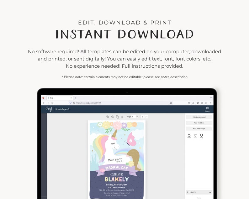 May include: A digital template for a unicorn-themed birthday party invitation. The invitation features a pink and purple unicorn with a rainbow mane and tail, a pink heart, and the text "Celebrating a Magical Day".