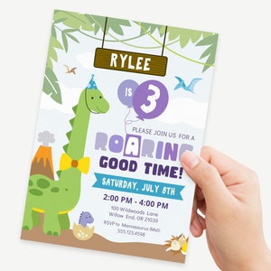 May include: A dinosaur-themed birthday party invitation with a green dinosaur wearing a yellow bow tie and a purple hat. The invitation says "Rylee is 3" and "Please join us for a Roaring Good Time!" with the date and time of the party.