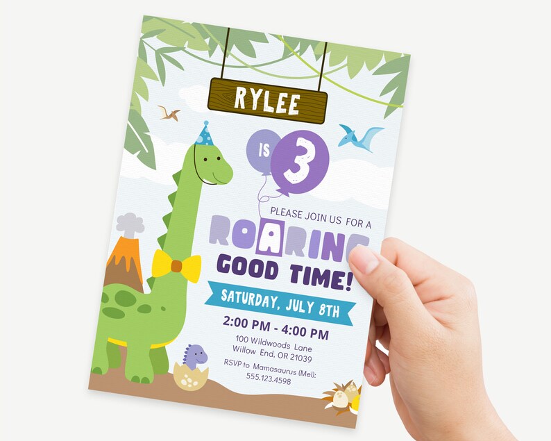 May include: A dinosaur-themed birthday party invitation with a green dinosaur wearing a yellow bow tie and a purple hat. The invitation says "Rylee is 3" and "Please join us for a Roaring Good Time!" with the date and time of the party.